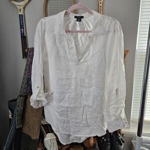 Jones & Co New York 100% linen Medium tunic top fold up sleeves white